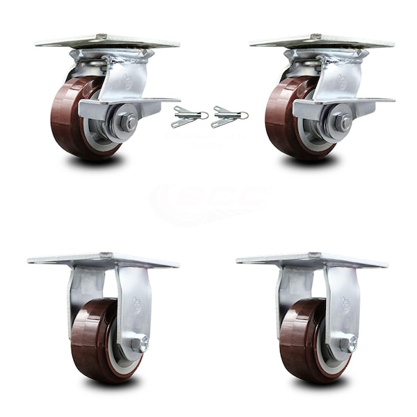 4 Inch Polyurethane Caster Brakes/Swivel Locks and 2 Rigid, 2PK